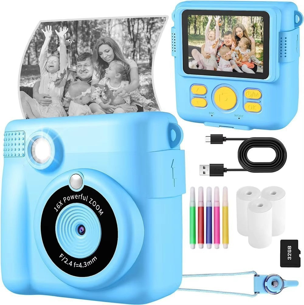 Blue ABS-681 Portable Kids Mini Digital Polaroid with 32GB Card, 3 Rolls Printing Paper & 6 Color Pens - Instant Print Thermal Photo Printer for DIY Fun