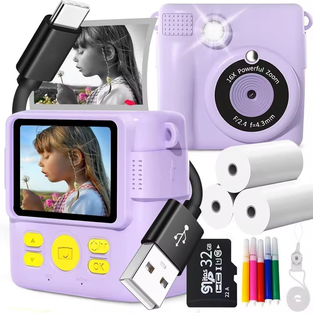 Purple ABS-681 Portable Kids Mini Digital Polaroid with 32GB Card, 3 Rolls Printing Paper & 6 Color Pens - Instant Print Thermal Photo Printer for DIY Fun
