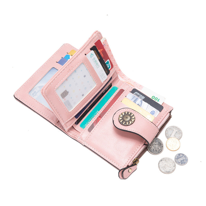 Dark Brown Korean Style Cutout Compact PU Leather Wallet - Women's Mini Bifold Purses with 8 Card Slots, 2 ID Window & Coin Zip Pocket