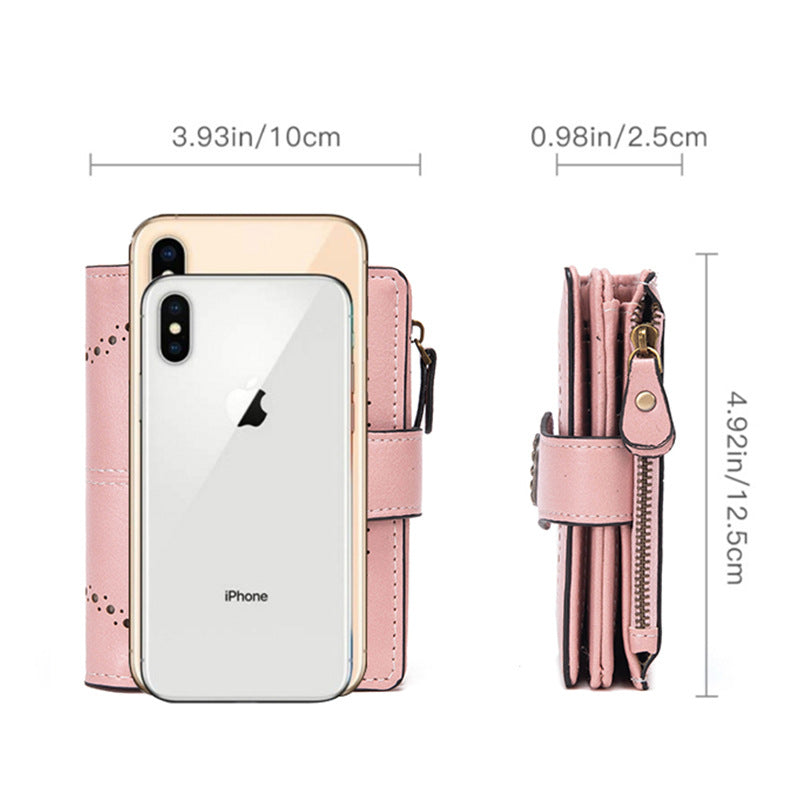 Dark Blue Korean Style Cutout Compact PU Leather Wallet - Women's Mini Bifold Purses with 8 Card Slots, 2 ID Window & Coin Zip Pocket