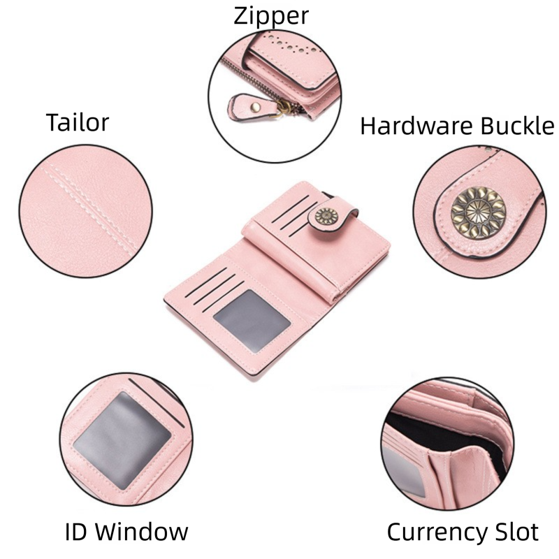 Black Korean Style Cutout Compact PU Leather Wallet - Women's Mini Bifold Purses with 8 Card Slots, 2 ID Window & Coin Zip Pocket