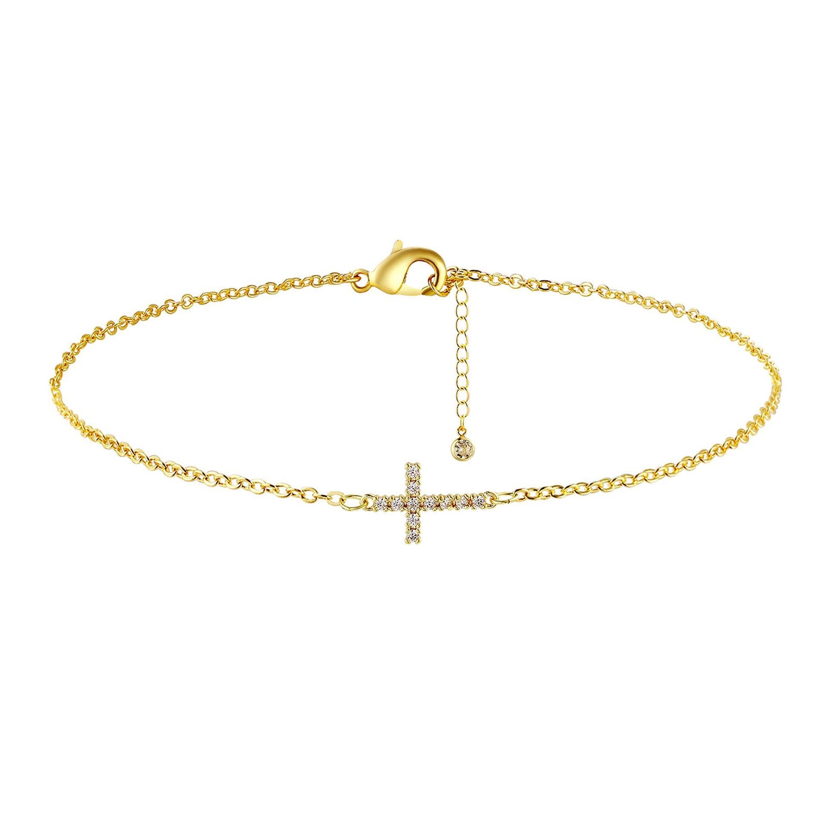 2-Pack Sliver Plated Micro-Paved CZ Mini Cross Bracelet - Dainty Adjustable O-Chain Wrist Jewelry(16-21CM)