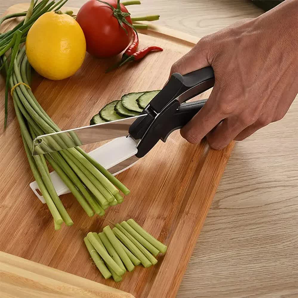 2-in-1 Ingenious Cutter Food Chopper & Scissor for Kitchen Versatile Use - 420 Stainless Steel Blade & Cutting Board Base, with Safety Lock