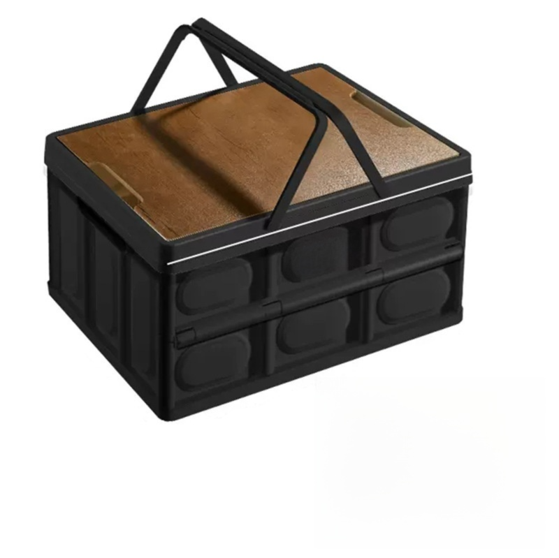 Black Collapsible Medium Handle Storage Box with Wooden Table Top(42x28x23CM) - Car Trunk Organiser for Australian Camping & Home Use