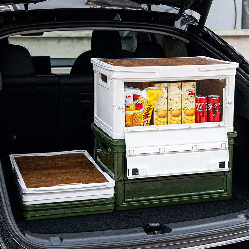 Green Collapsible Medium Side-Open Storage Box with Wooden Table Top(42x28x23CM) - Car Trunk Organiser for Australian Camping & Home Use