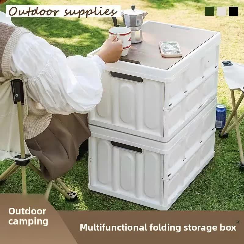 White Collapsible Medium Side-Open Handle Storage Box with Wooden Table Top(42x28x23CM) - Car Trunk Organiser for Australian Camping & Home Use