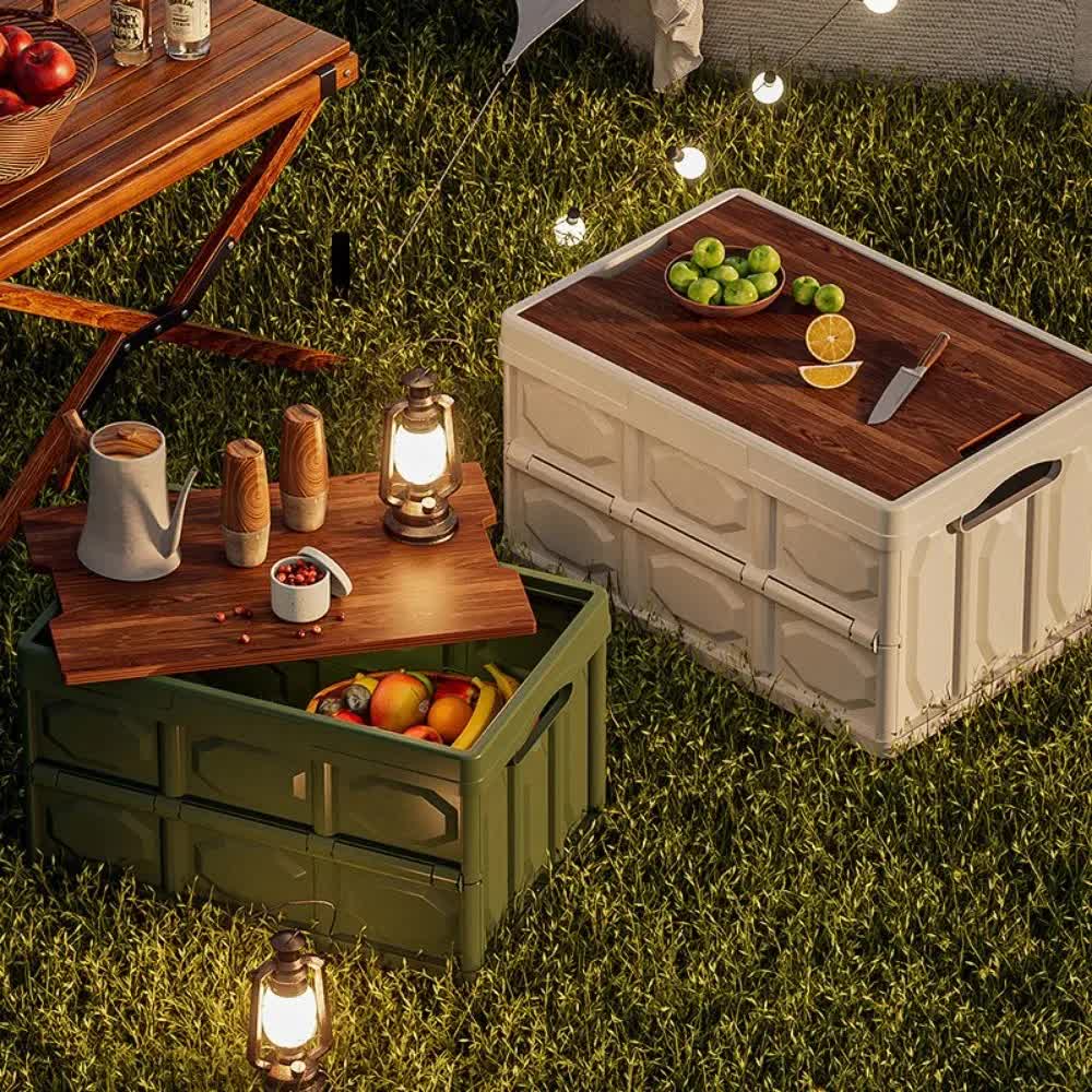 Green Collapsible Medium Side-Open Handle Storage Box with Wooden Table Top(42x28x23CM) - Car Trunk Organiser for Australian Camping & Home Use