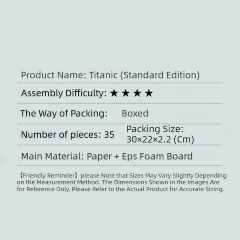 Standard Edition (35Pieces) 3D Titanic Ship Model Puzzle Kit - DIY Nautical Series Toy for Kids & Adults, Educational Building Blocks
Number of pieces