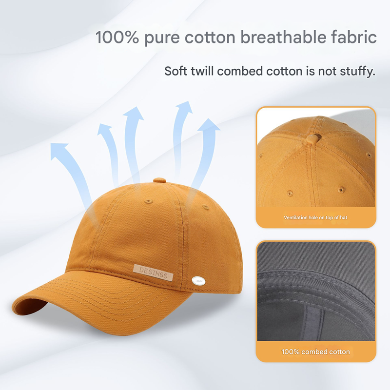 Yellow Premium Pure Cotton Quick-Dry Baseball Cap - Outdoor Sports & Camping Sun Hat, Adjustable Fit(54-62cm)
