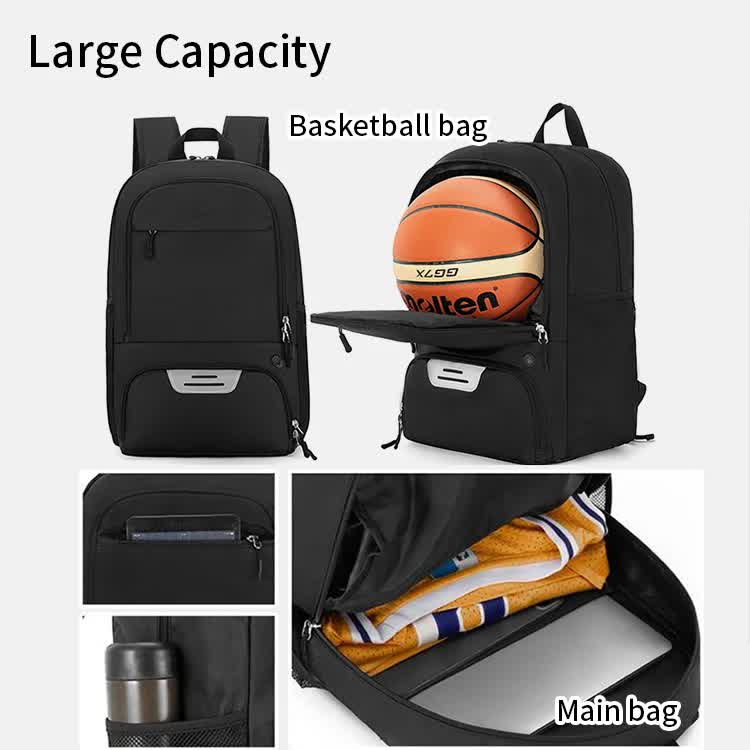 Black Sports Backpack with Separate Shoe & Ball Compartments - Waterproof Gym Bag for Basketball, Soccer, Travel & Daily Use