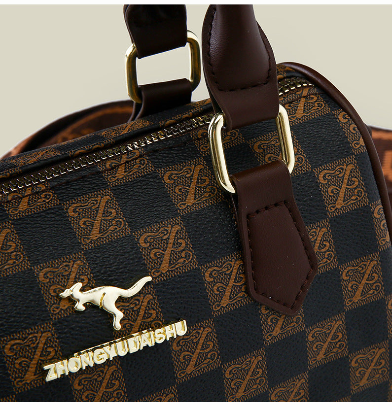 Brown checkered pattern Stylish PU Leather Boston Bag - Elegant Retro Single Shoulder Crossbody Handbag for Women