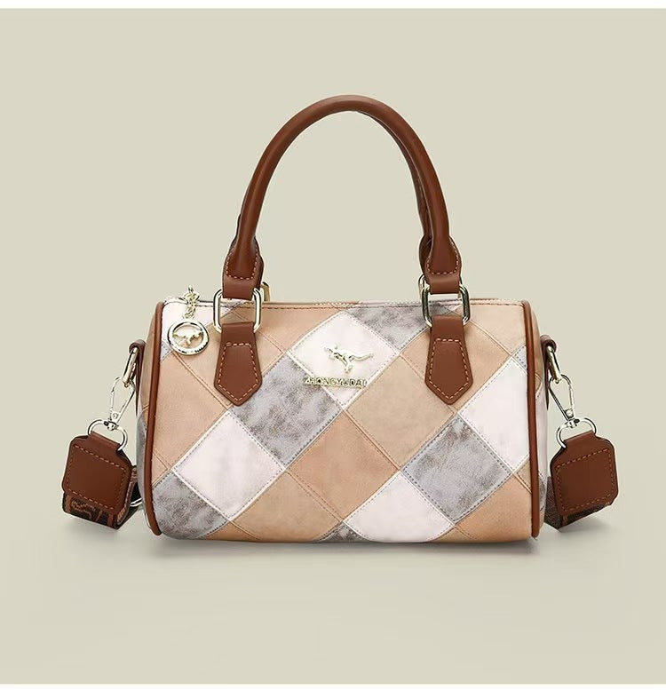 White checkered pattern Stylish PU Leather Boston Bag - Elegant Retro Single Shoulder Crossbody Handbag for Women