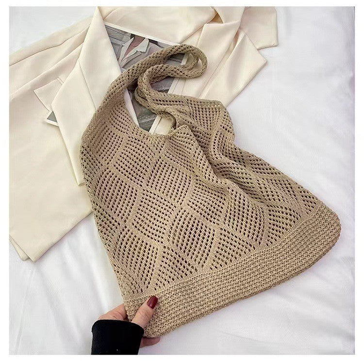 Shallow khaki rhombus Bohemian Knit Shoulder Bag - Hand-Woven Crochet Tote for Women
