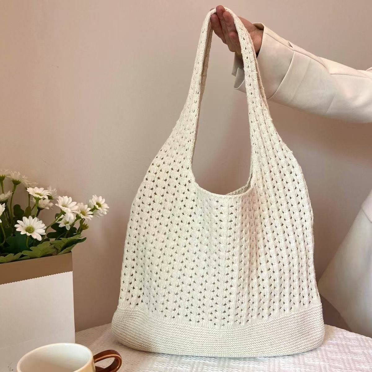 Beige honeycomb holes Bohemian Knit Shoulder Bag - Hand-Woven Crochet Tote for Women