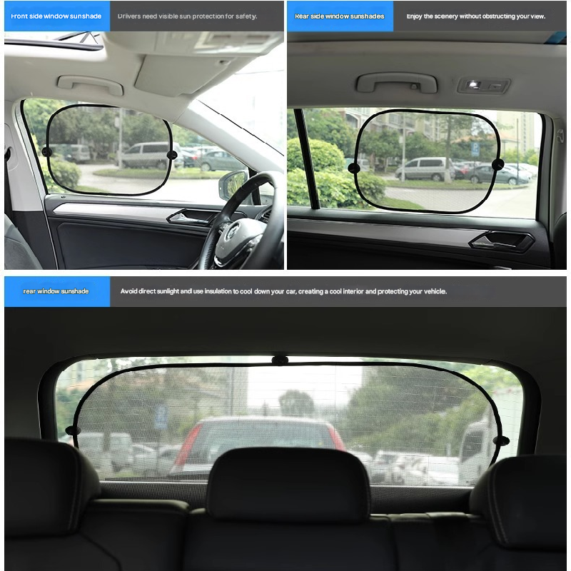 Black Universal Car Window Sun Shade Set - Mesh Fabric UV Protection(One solid rear baffle + two perforated angled baffles + two solid side baffles)
