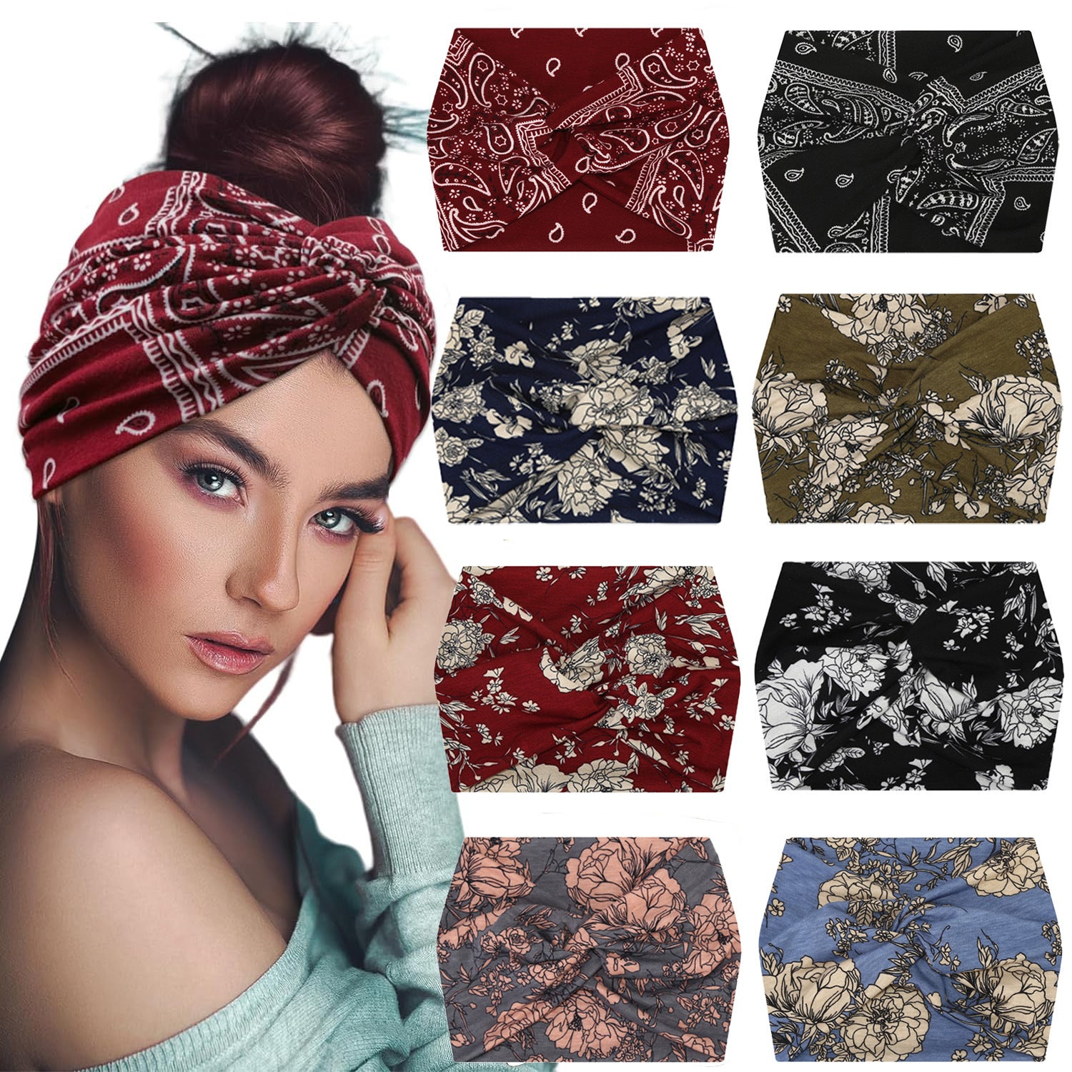 5-PCS Light blue Women's Extra Wide Turban Headband - Elastic Yoga & Sports Hair Wrap