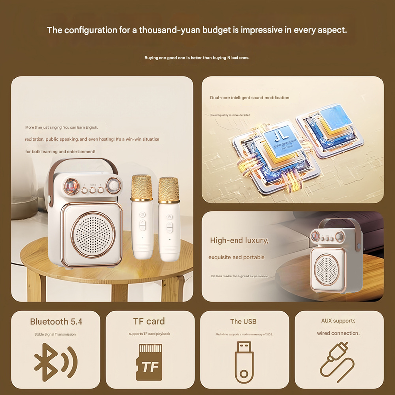 Beige Dual Wireless Bluetooth Karaoke Microphone & Speaker Set - Portable Home KTV System with Voice Changer