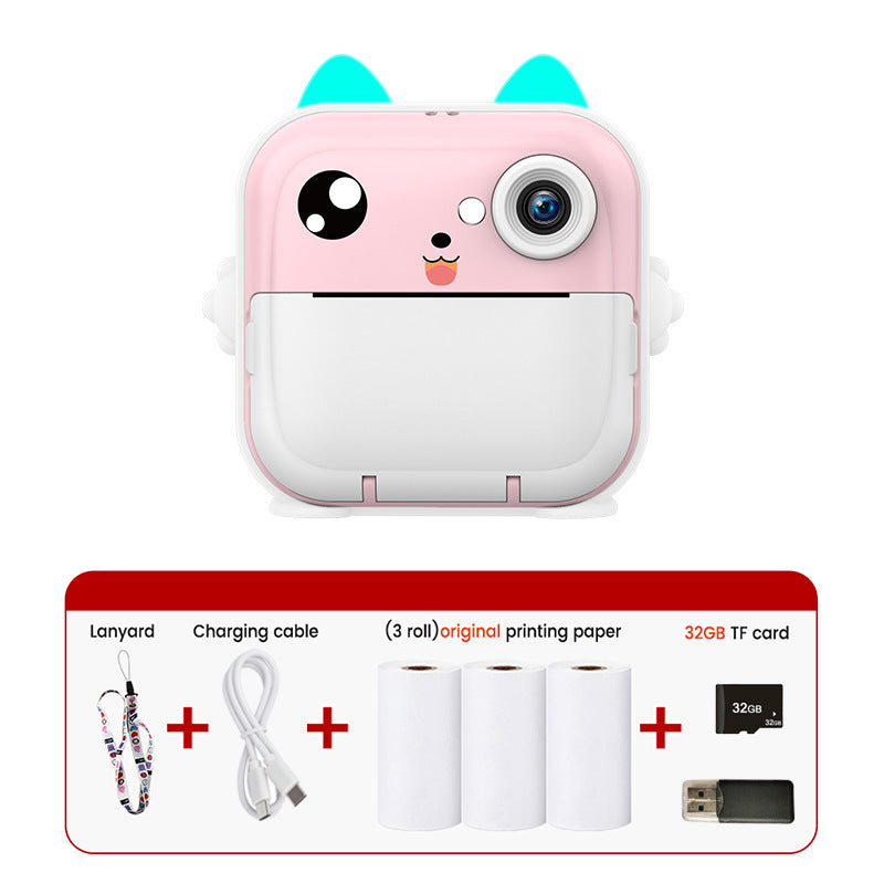 Pink cat Kids Instant Print Camera Zero Ink Digital Video Recorder with 32GB Card and 3 Paper Rolls Portable Rechargeable Toy Gift