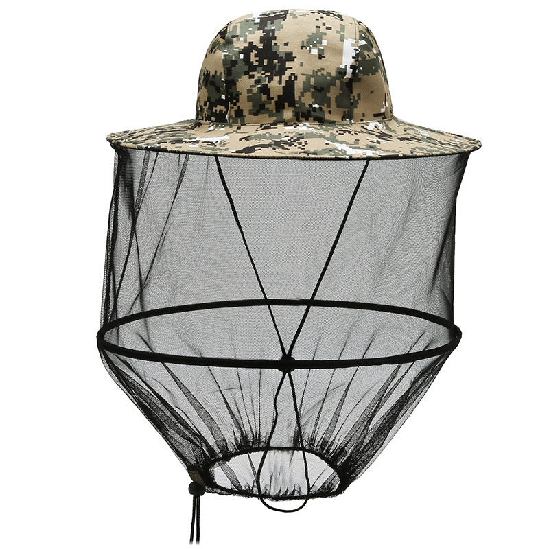 Grey camouflage Outdoor Fishing Hat with Mesh Head Net Sun Protection Bucket Cap Anti-Mosquito Fly Guard for Gardening Hiking & Beekeeping