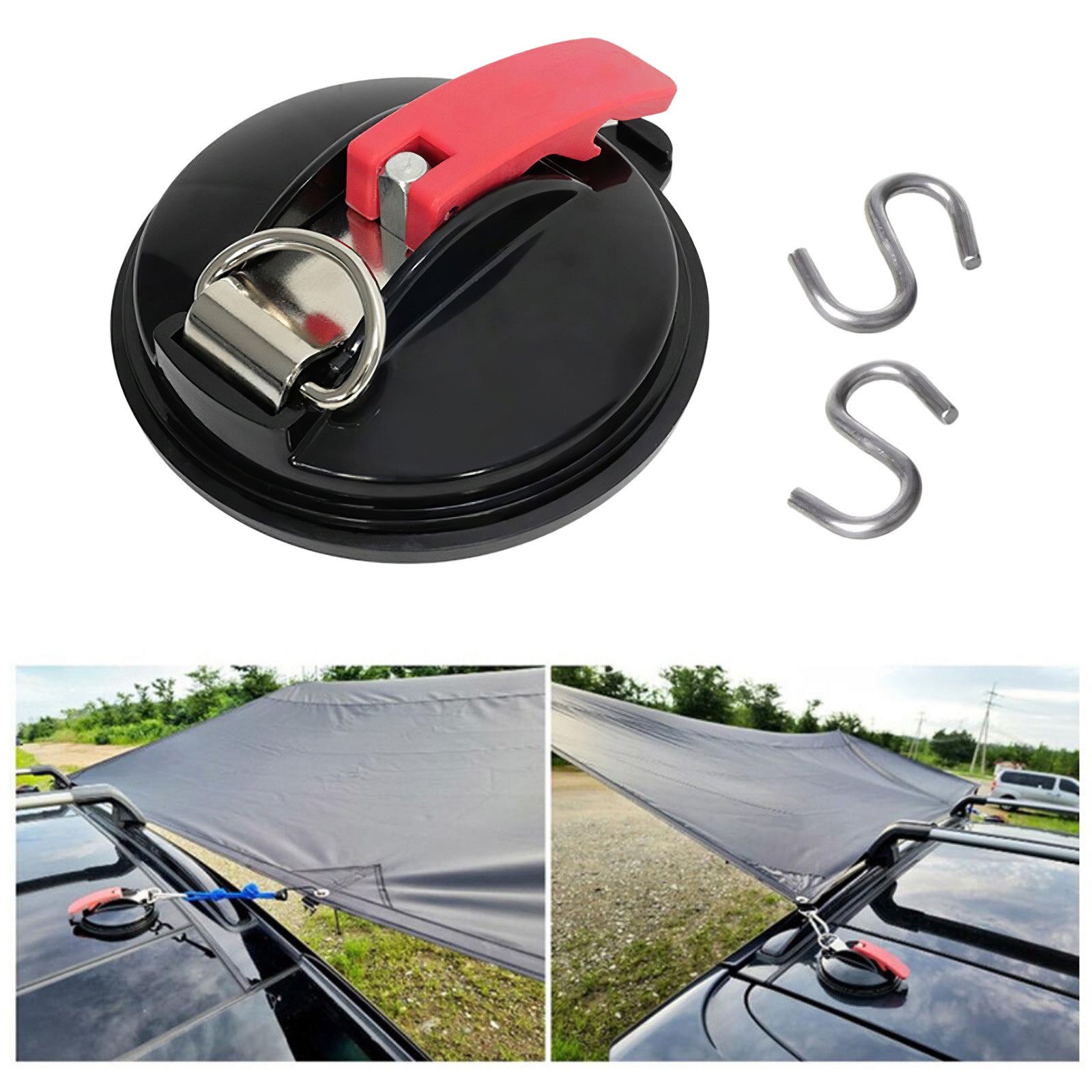 4 Pack Sky blue plate + red buckle Heavy Duty Suction Cup Anchors with S-Hooks for Car Side Awnings and Camping Tarps Multifunctional Tie Down Points for Outdoor Road Trips 10kg Capacity