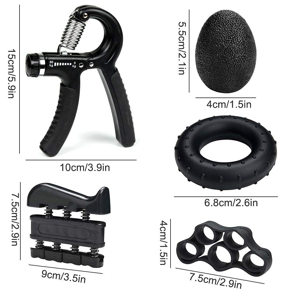 Black 5 in 1 Hand Grip Strengthener Kit Adjustable Resistance Finger Stretcher Stress Relief Ball and Grip Ring for Rehabilitation and Muscle Building