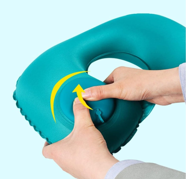 2-PCS Grey Inflatable Travel Neck Pillow Press to Inflate U-Shape Soft Flocking Support Cushion for Airplane Car & Camping Portable Air Pump Design