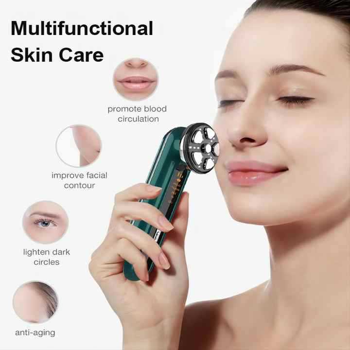 Green 4-in-1 RF EMS Facial Beauty Device Skin Tightening and Lifting Massager with LED Light Therapy Anti-Aging Tool for Home Use