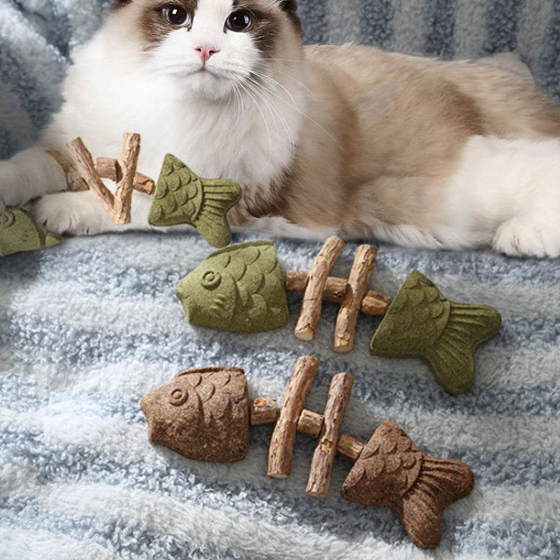 Brown and green 5 Pack Cat Catnip Toys Fish Bone Shaped Silvervine Chew Sticks for Teeth Cleaning and Interactive Play