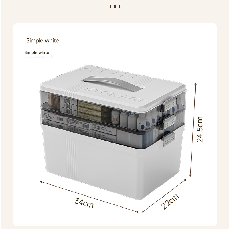 Grayish-white Large 3 Layer Medicine Storage Box Portable First Aid Kit Organiser with Handle Multi Compartment Container for Family Home Use