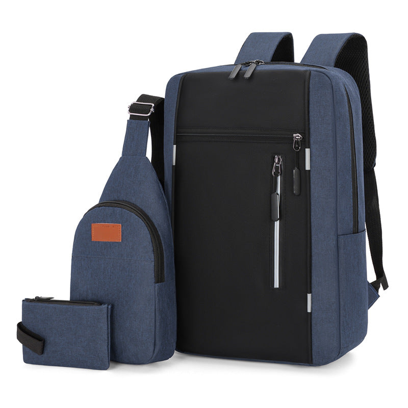 Blue 3 Piece Mens Backpack Set with Sling Bag and Pouch USB Charging Port Large Capacity Laptop Daypack Water Resistant Business Travel School Bag