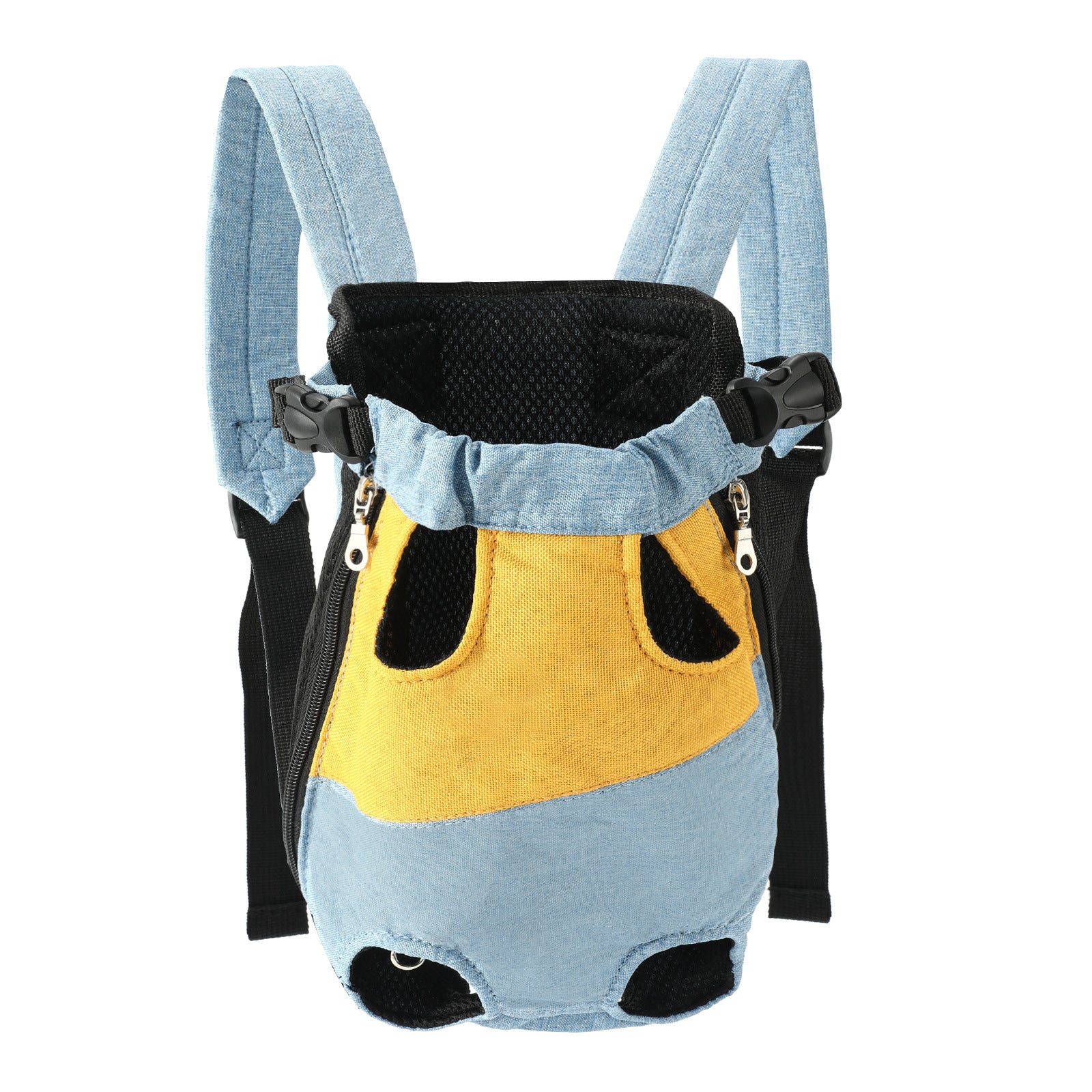 Yellow denim blue Pet Carrier Backpack Front Chest Pack Legs Out Breathable Mesh for Small Dogs Cats Hiking Travel Hands Free Adjustable Design(Size:S)