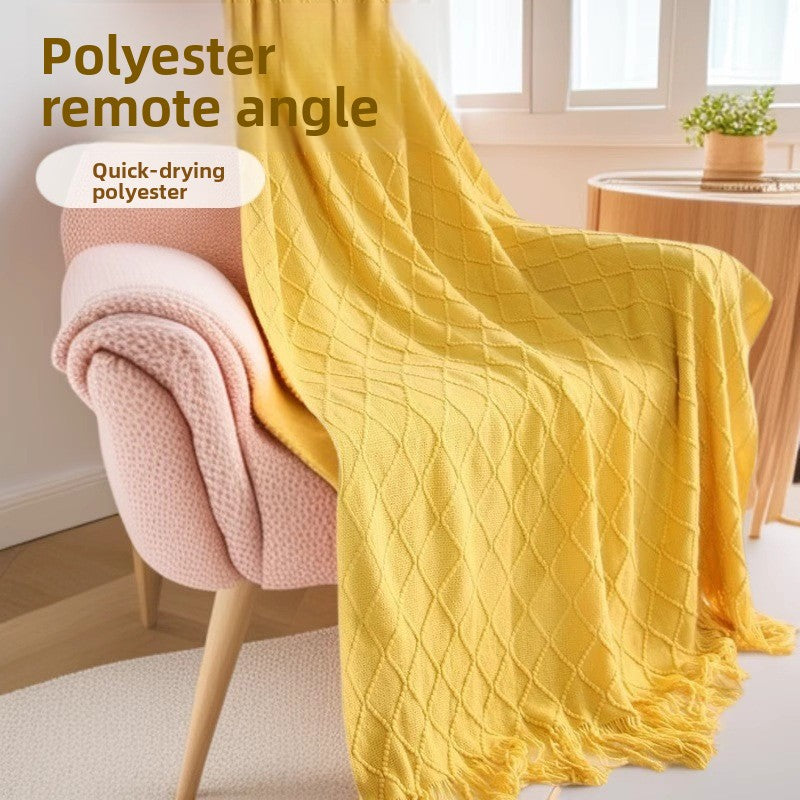 Morandi blue Nordic Knitted Throw Blanket with Tassels 130x230cm Soft Acrylic Diamond Pattern Sofa Cover Bed Runner and Travel Blanket