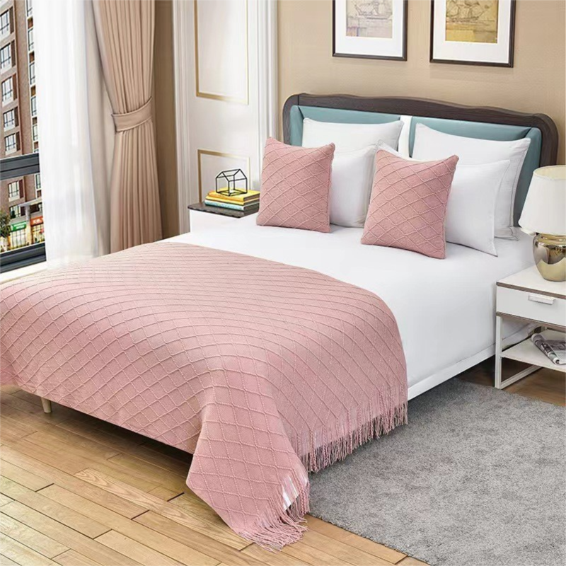 Turmeric Nordic Knitted Throw Blanket with Tassels 130x230cm Soft Acrylic Diamond Pattern Sofa Cover Bed Runner and Travel Blanket