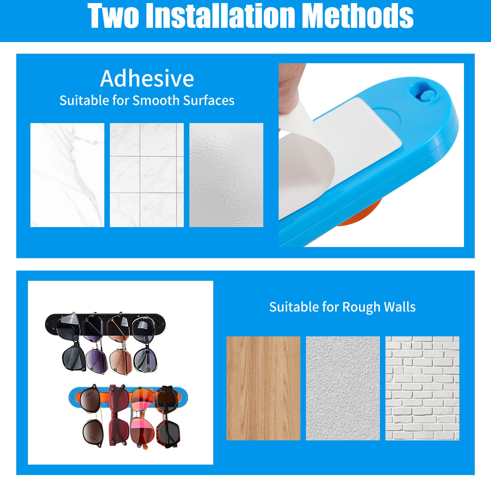 2 Pack Black Acrylic Sunglasses Holder Wall Mounted Glasses Organizer Rack Self-Adhesive Eyewear Display Stand for Home Office and Entryway