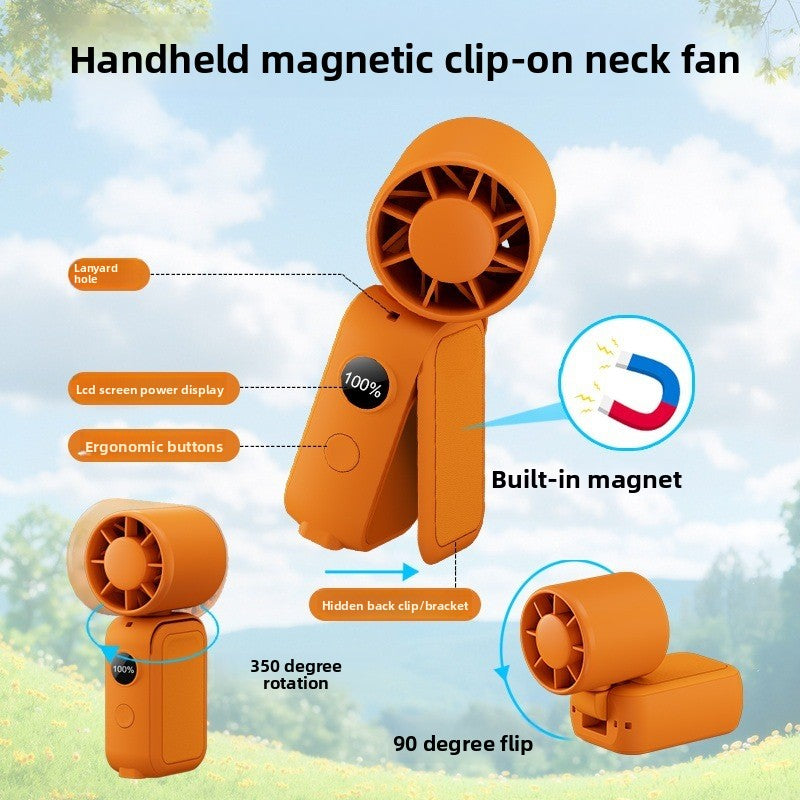 White Portable Handheld Fan 350 Degree Rotation Foldable Neck Hanging Waist Fan with Magnetic Base LED Display 5 Speed Personal Fan