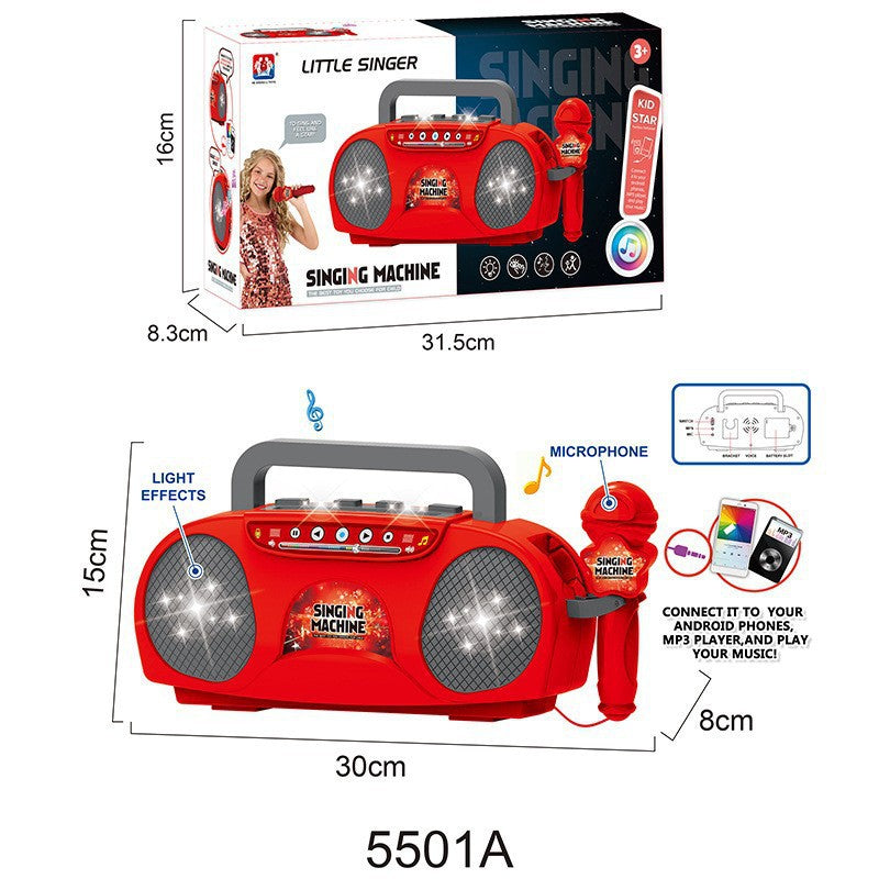 Red Kids Portable Singing Machine Karaoke Boombox Toy with Microphone Flashing Lights and MP3 Music Player for Boys and Girls