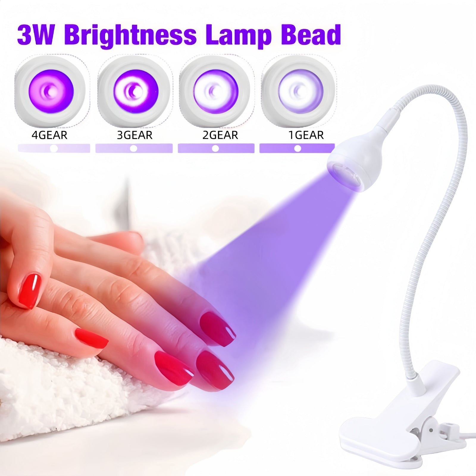 White 3W UV LED Gel Nail Curing Lamp Clip On Flexible Gooseneck Light 4 Brightness Levels for Gel Polish and Resin Curing