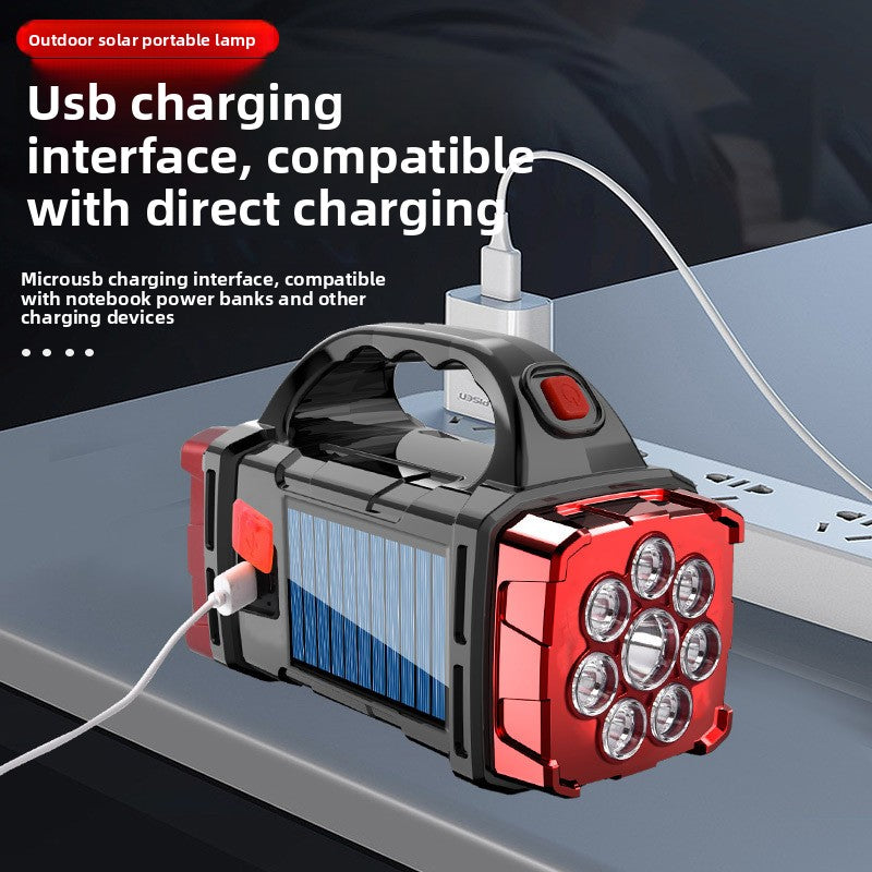 Gold Solar Powered LED Camping Lantern and Flashlight Rechargeable Portable Searchlight with Side Light and USB Power Bank for Outdoor Emergency