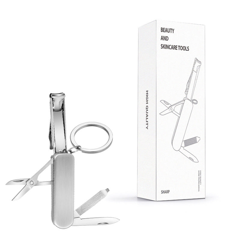2-PCS Original steel colour 5-in-1 Foldable Stainless Steel Nail Clipper Multitool Keychain with Knife Scissors and File Portable Pocket Manicure Set