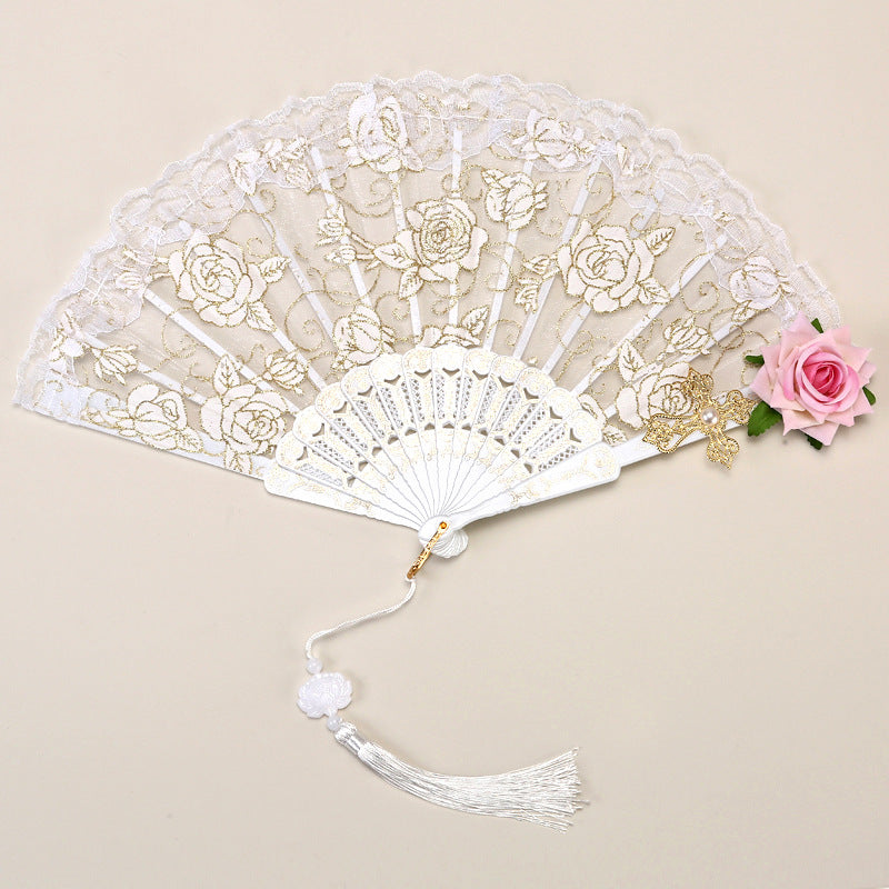 2 Pack White lace pink roses Vintage Lace Folding Fans Gothic Palace Style with Rose Cross Tassels for Tea Party Cosplay and Photo Props