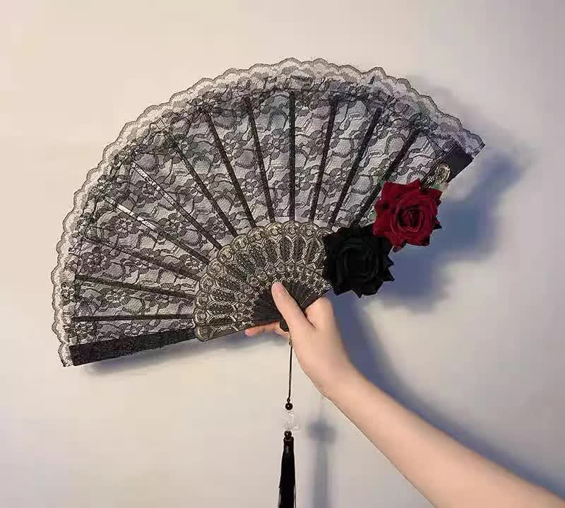 2 Pack Double Rose Obscur Vintage Lace Folding Fans Gothic Palace Style with Rose Cross Tassels for Tea Party Cosplay and Photo Props