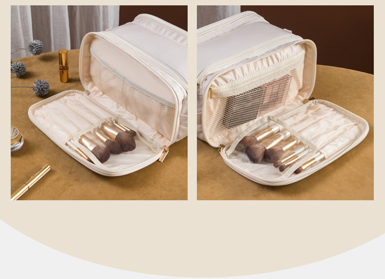 Brown Large Capacity PU Leather Makeup Bag Dual Zipper Cosmetic Case Waterproof Travel Toiletry Organiser with Brush Compartment