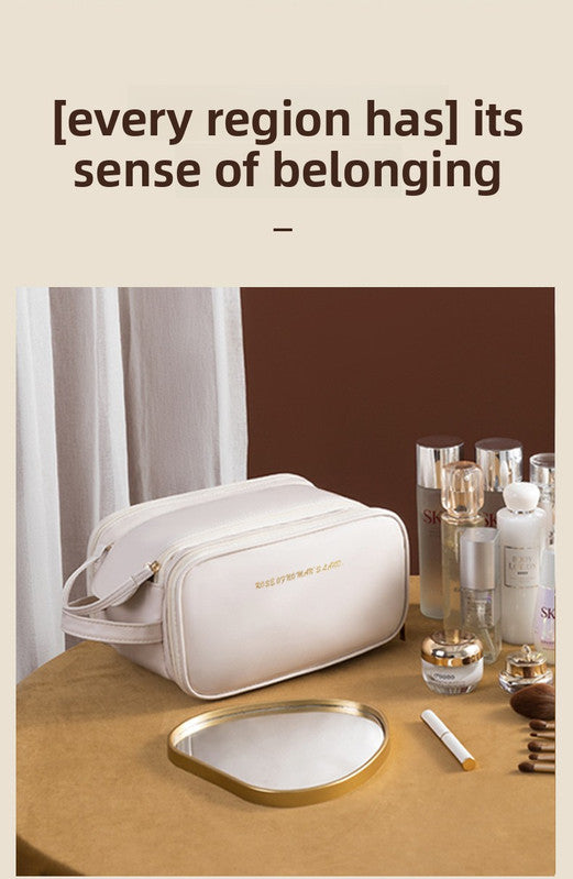 Brown Large Capacity PU Leather Makeup Bag Dual Zipper Cosmetic Case Waterproof Travel Toiletry Organiser with Brush Compartment