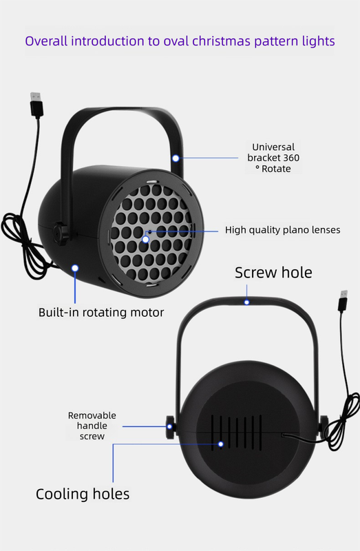 Black Christmas LED Projector Light Portable USB Holiday Atmosphere Lamp with 360 Degree Rotating Stand for Indoor Home and Party Decoration Santa Snowman Patterns