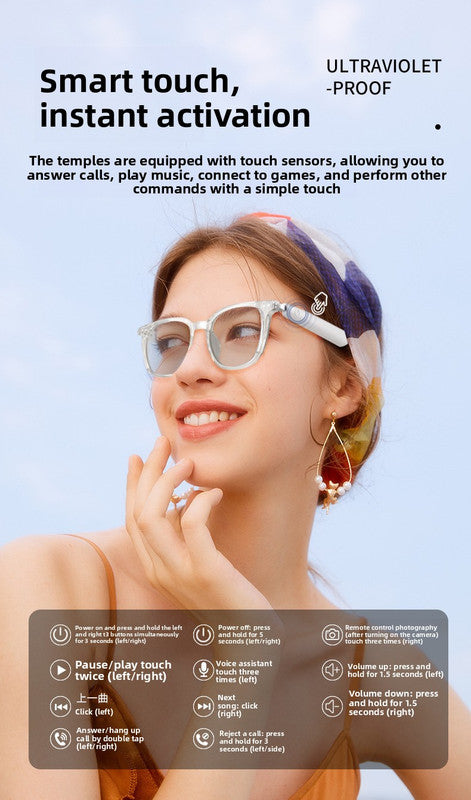 Coffee brown Smart Audio Glasses with Photochromic Anti-Blue Light Lenses Open-Ear Bluetooth 5.4 Headset Hands-Free Calling & Music