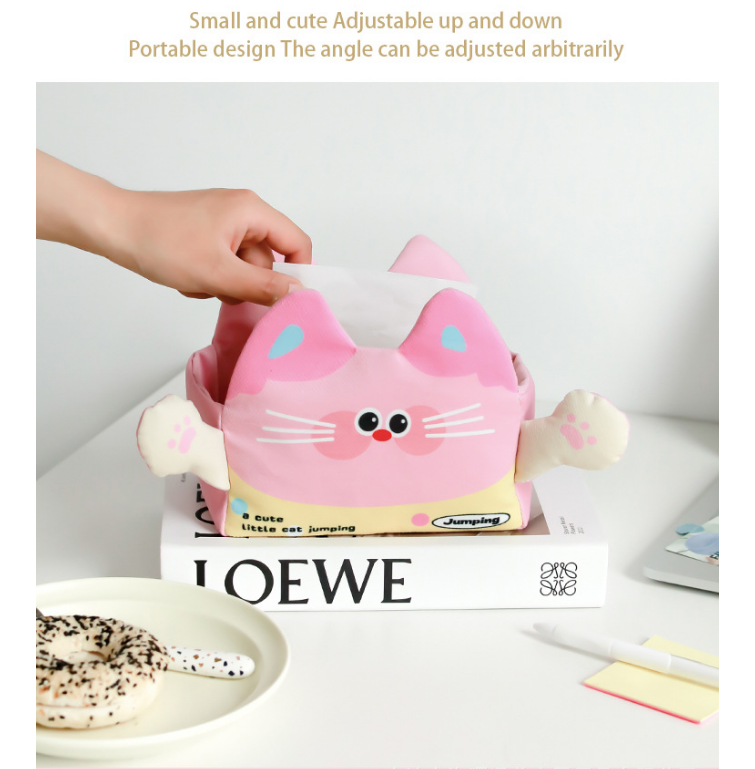 2 Pack Cute Desk Organiser Set Yellow Resin Cloud Pen Holder and Pink Plush Cat Tissue Box Cover for Home Office and Car Decor