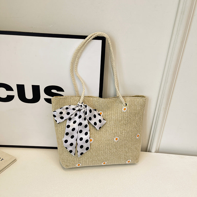 Khaki Women's Straw Woven Tote Bag Summer Daisy Embroidery Shoulder Handbag with Ribbon Scarf