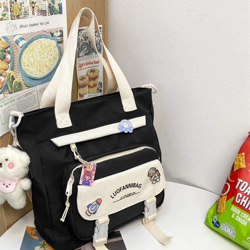 Women's Kawaii Black Shoulder Bag with Cute Bear Plush Charm and 4 Badges Large Capacity Nylon Tote School Handbag