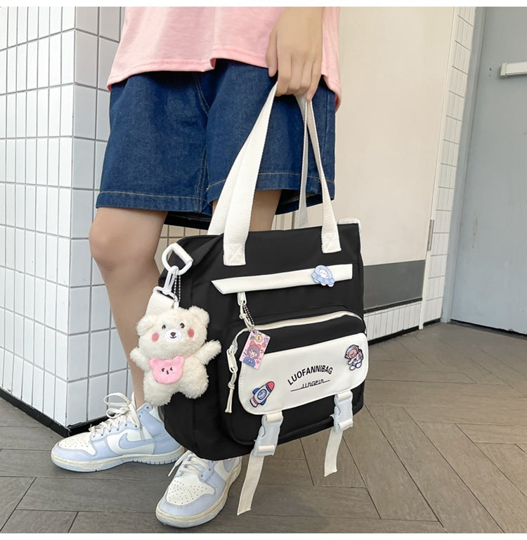 Women's Kawaii Black Shoulder Bag with Cute Bear Plush Charm and 4 Badges Large Capacity Nylon Tote School Handbag