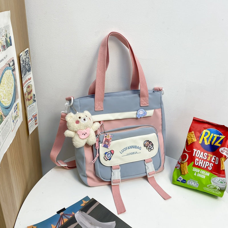 Women's Kawaii Blue Shoulder Bag with Cute Bear Plush Charm and 4 Badges Large Capacity Nylon Tote School Handbag